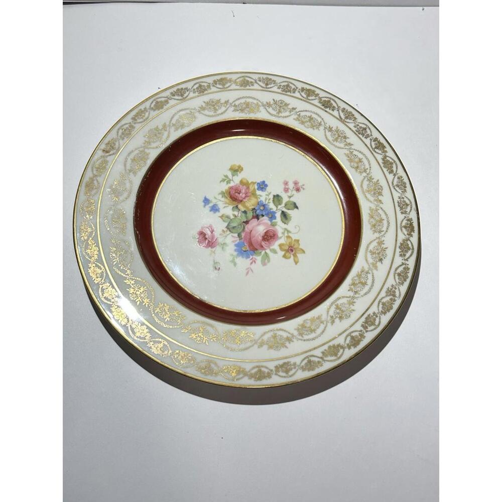 Antique Atlas NY China Dinner Plate, Floral With Red Band 22 K Gold Filigree